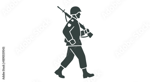 Silhouette of a soldier walking with a rifle and carrying supplies