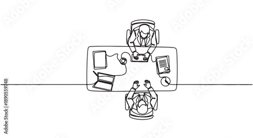 Two people working together at a desk with office supplies and computer overhead view minimalist line art illustration