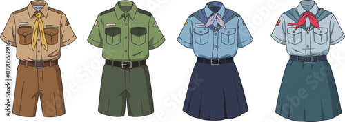 Scout uniforms, youth organization, character design, boys and girls, international styles, vector illustration, outdoor attire, colorful outfits, cartoon style, badges