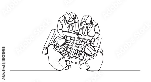 Three construction workers collaborating on a building blueprint together wearing hard hats and discussing architectural plans