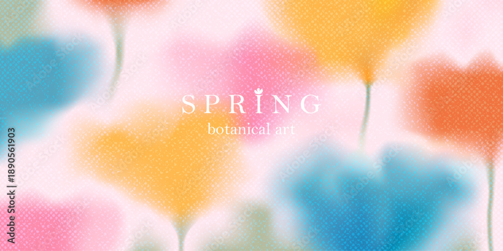 Fototapeta premium Spring floral background. Blurred gradient ethereal macro flowers. Pink, red, yellow, blue blooms. Spring blooming field. Noisy, grainy texture. 