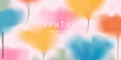 Spring floral background. Blurred gradient ethereal macro flowers. Pink, red, yellow, blue blooms. Spring blooming field. Noisy, grainy texture. 