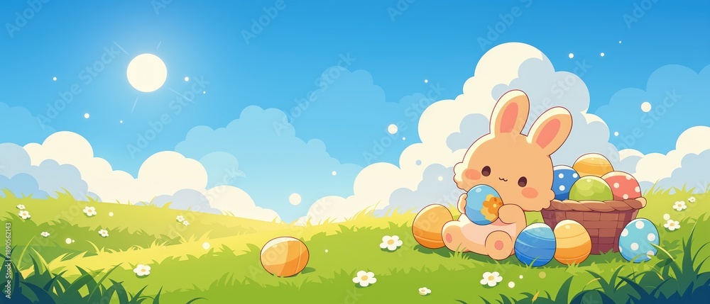 Naklejka premium Happy cute bunny with colorful easter eggs in a sunny field landscape
