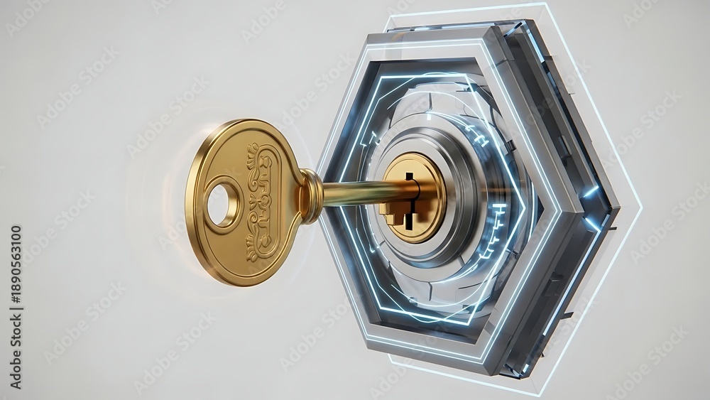 Obraz premium Golden key inserted in hexagonal lock