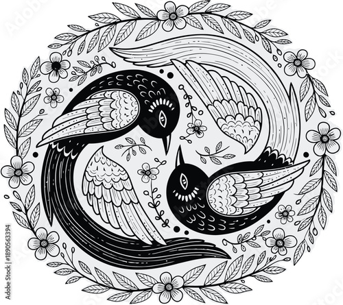 Intricate black and white circular illustration of two birds facing each other amidst floral and leaf elements