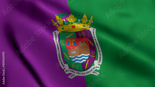 Waving Flag of Málaga City in Spain Green and Purple Design with the Official Coat of Arms Fluttering in the Wind, Detailed 4K for Cultural, Historical, Travel and Documentary Projects