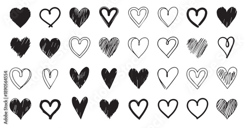 Hand drawn heart doodle set, black ink sketch hearts collection for Valentine's Day or wedding design
