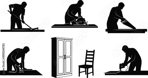 Woodworking process vector illustration set, black and white scenes of carpentry tools and furniture making