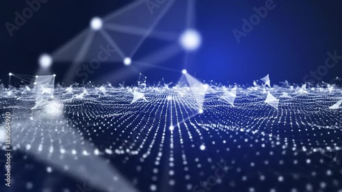 Abstract digital network structure glowing particles connecting lines geometric shapes dark blue background futuristic technology concept