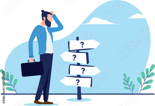 Business crossroads - Businessman standing by directional sign trying to make decision for future direction. Confusion and choices concept. Flat design vector illustration with white background