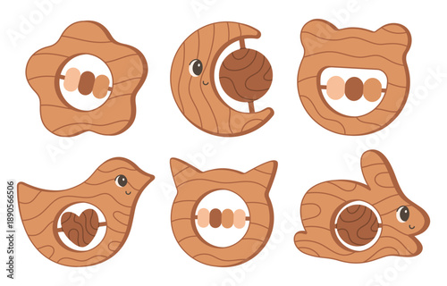 Cute wooden rattles toys for newborn and infants. Flat vector illustration