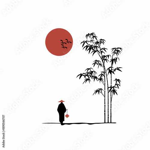 Minimal Zen Landscape with Bamboo and Red Sun