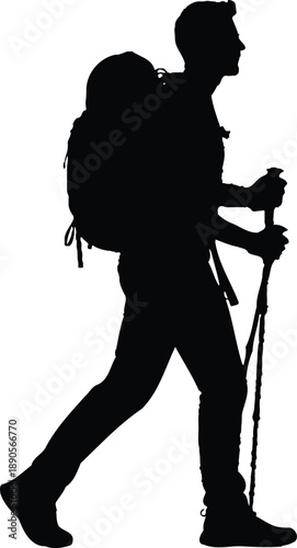 Hiker walking with backpack and trekking poles in profile view