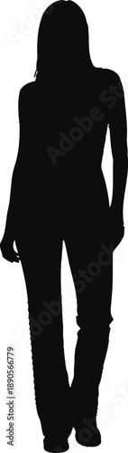 A black silhouette of a woman standing with her feet shoulder width apart on a white background