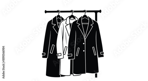 Black and white illustration of coats hanging on a clothing rack indoors