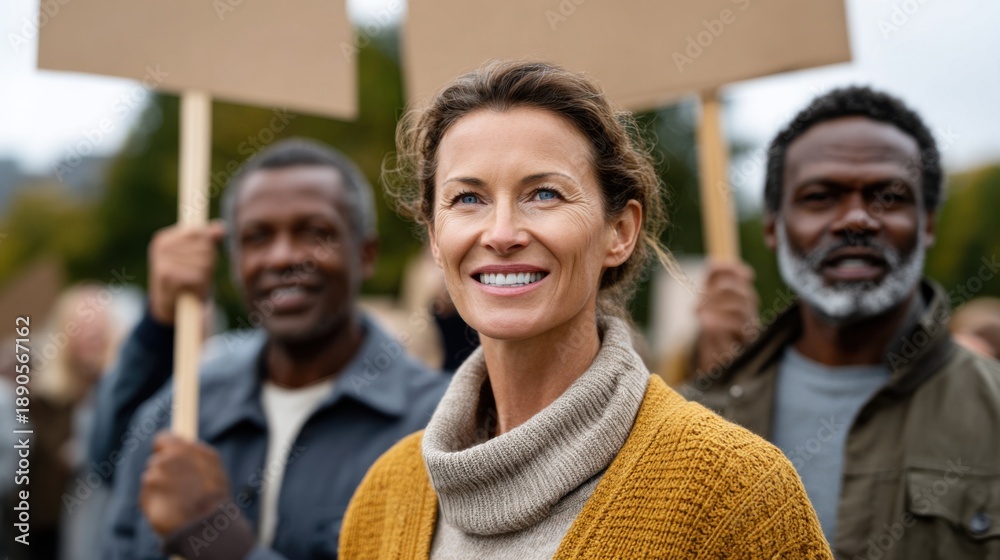 Fototapeta premium Caucasian woman smiling confidently among diverse group of protesters holding blank signs outdoors in a public space with trees and cloudy sky in the background