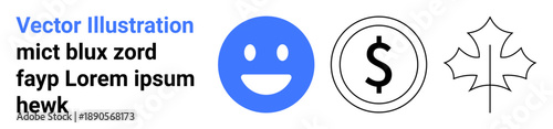 Finance, emotions, branding, currency, nature, digital media. Blue happy face, dollar symbol and maple leaf outline in a minimalistic style. Finance and emotions concept