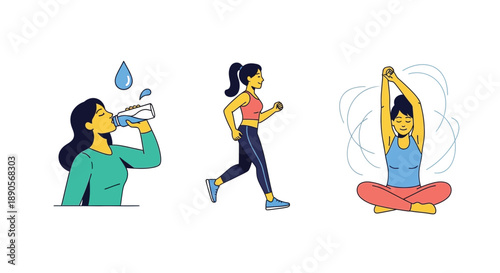 Healthy lifestyle elements showing hydration running and mindful meditation exercises for wellness