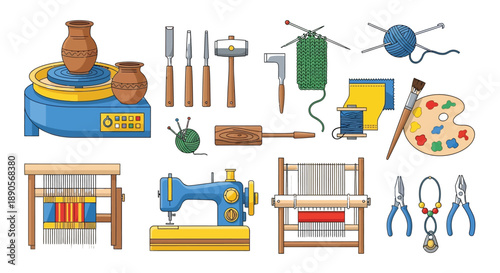 Collection of various craft and hobby tools including pottery wheel sewing machine and weaving looms