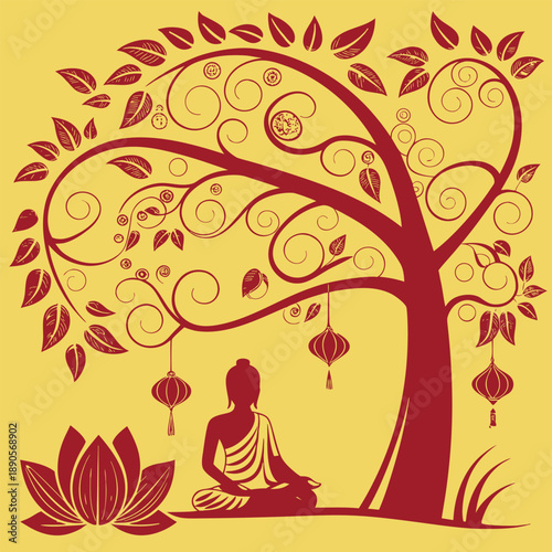 Buddha meditating under a decorated tree with lotus flower, symbolizing peace and enlightenment