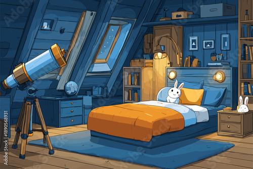 Cozy Cartoon Bedroom with Rabbits and Telescope - Ideal for Children’s Illustration