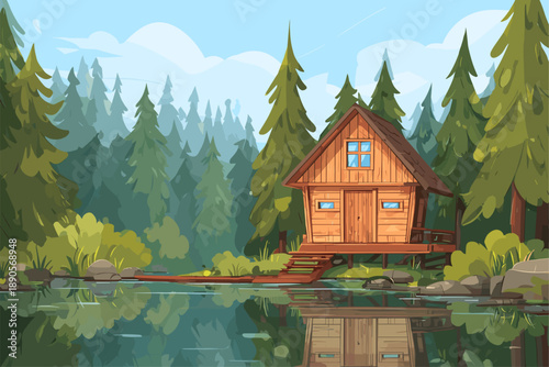 Charming Wooden Cabin by a Serene Lake Surrounded by Lush Green Forest
