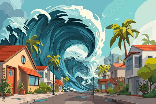 Dramatic Tsunami Wave Approaching Coastal Street in Vibrant Illustration