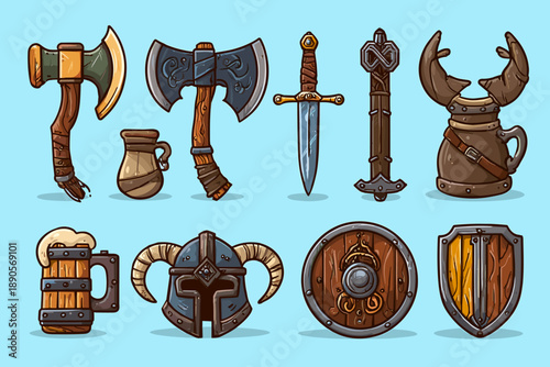Colorful Collection of Medieval Weapons and Shields for Fantasy Designs