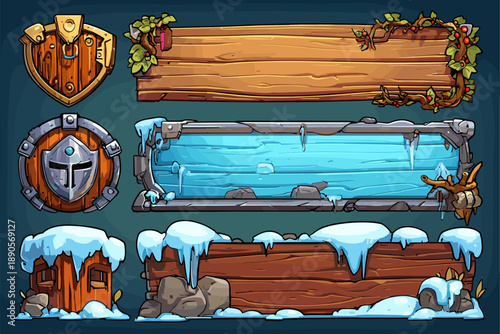 Fantasy Game UI Elements: Wooden and Stone Frames with Snowy Accents