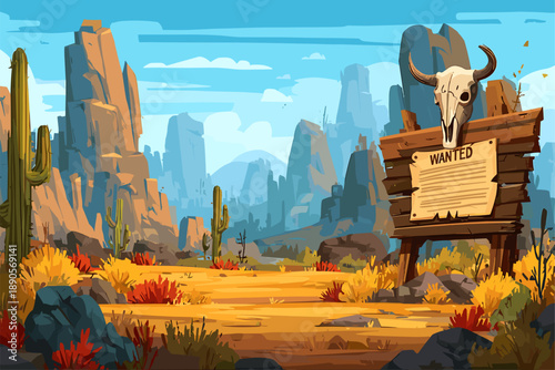 Wild West Landscape with Wanted Sign and Skull Decor