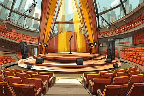 Illustration of a Vibrant Concert Stage with Microphone and Empty Seats