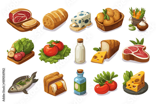 A Variety of Fresh Food Illustrations Featuring Meats, Vegetables, and Dairy Products