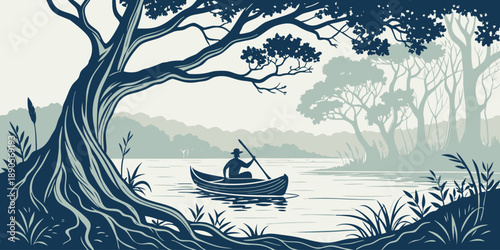 Man in hat paddles canoe on calm lake surrounded by lush trees and foliage, serene nature scene