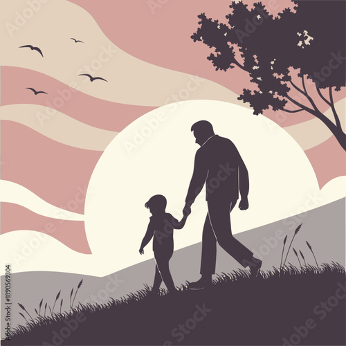 Silhouette of a father holding his son's hand while walking uphill towards a large setting sun, fatherhood concept