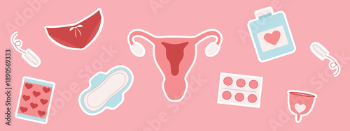 Cute hand drawn elements of woman menstruation perod theme. Feminine hygiene products, vector illustration.