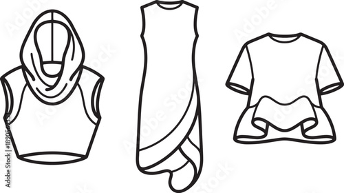Abstract fashion garment sketches including hooded top wrap dress and peplum sleeve blouse