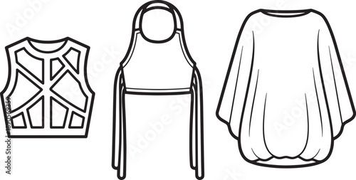 Abstract patterned vest and hooded top with bubble hem dress outline icons for designer