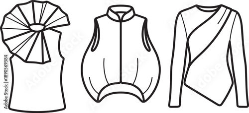 Conceptual clothing line art including pleated fan neck top and architectural wrap blouse