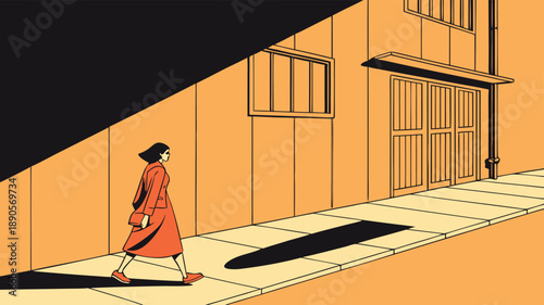 Woman in a red coat walking down a sunlit street with long shadow, graphic illustration with bold colors