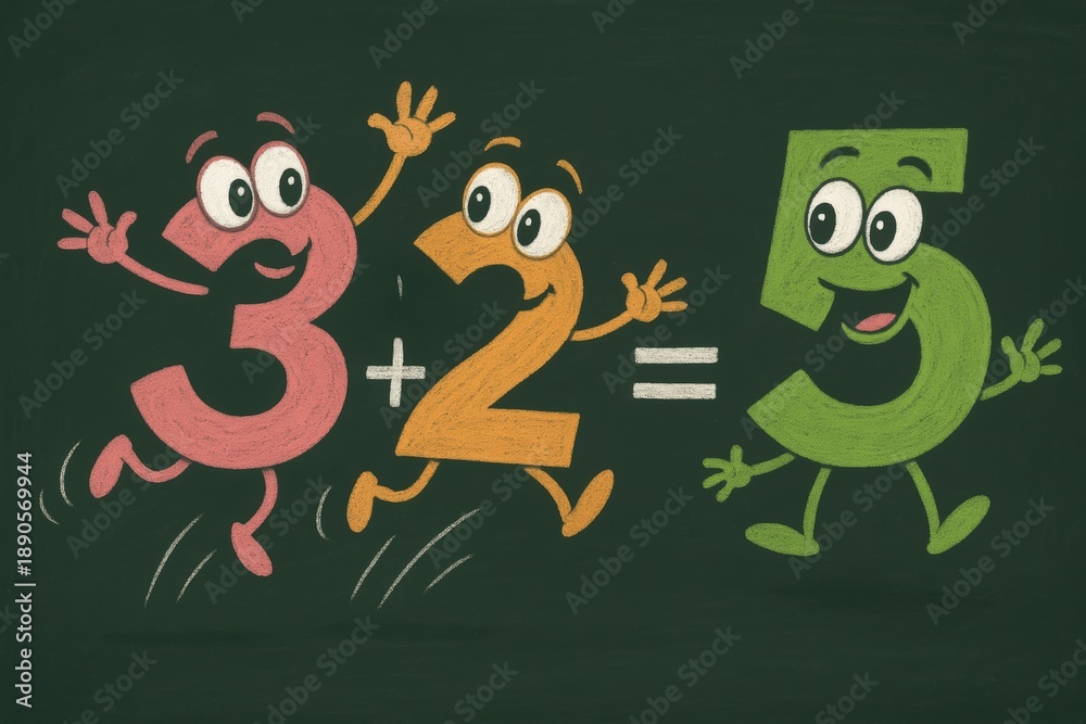 Naklejka premium Colorful Cartoon Numbers Illustrating Simple Math Equation on Chalkboard