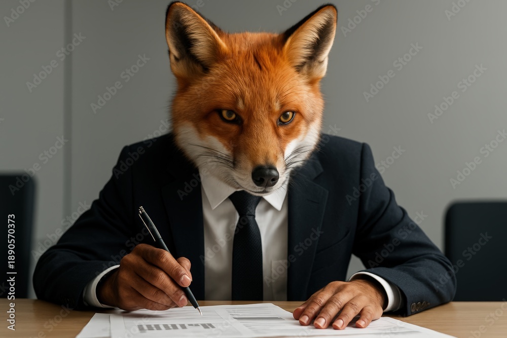 Fototapeta premium Fox-Headed Executive Analyzing Documents in Office Setting