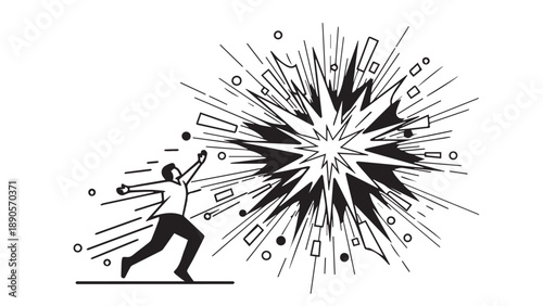 Illustration of a man pulling a large star-shaped explosion with dynamic lines.
