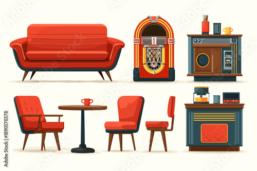 Retro Living Room Furniture Collection with Jukebox and Accessories