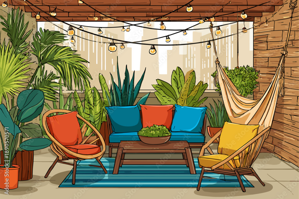 Fototapeta premium Charming Outdoor Patio with Colorful Seating and Lush Greenery