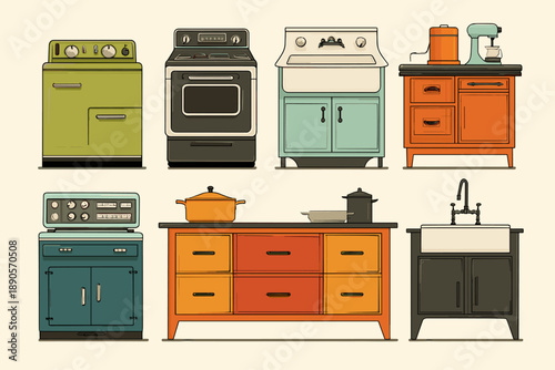 Vintage Kitchen Appliances and Furniture Set in Retro Style