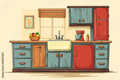 Charming Vintage Kitchen Illustration with Farmhouse Sink and Colorful Appliances