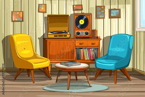 Cozy Retro Living Room with Vinyl Record Player and Colorful Armchairs