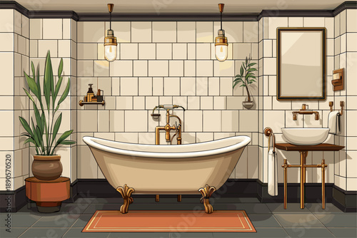 Stylish Vintage Bathroom Interior Design with Elegant Bathtub and Modern Amenities