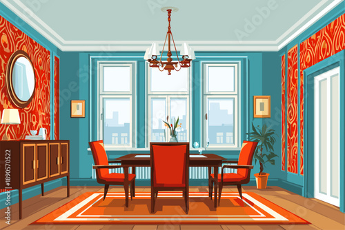 Stylish Modern Dining Room with Colorful Walls and Elegant Furniture