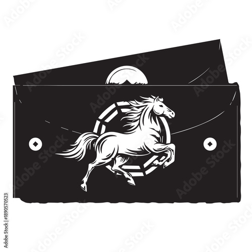 Black wallet with a white horse emblem and circular design elements.